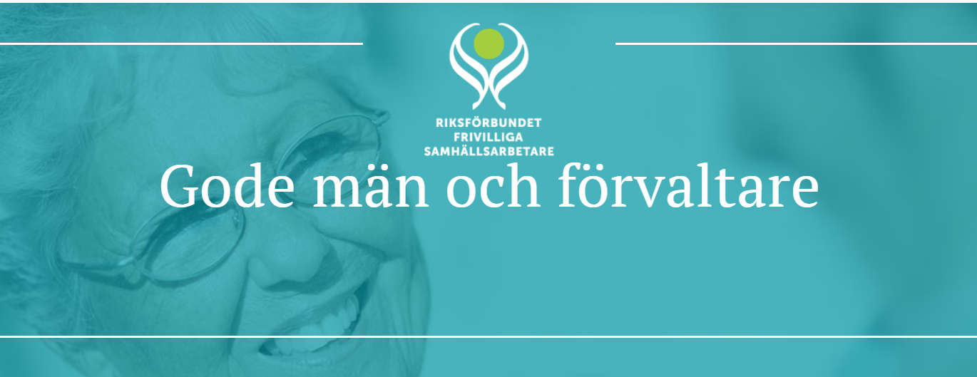 Byte av riksförbund RFS logotyp med texten Gode män och förvaltare på en grön bildbakgrund med en äldre kvinna i glasögon.