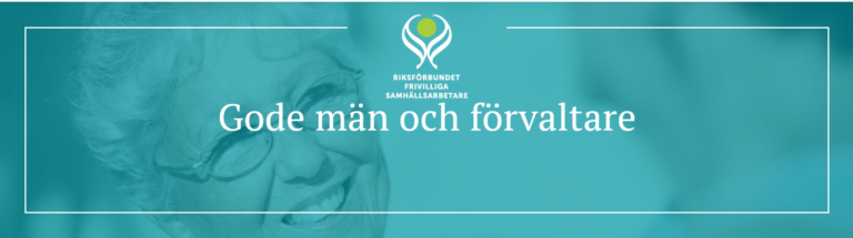 Byte av riksförbund RFS logotyp med texten Gode män och förvaltare på en grön bildbakgrund med en äldre kvinna i glasögon.
