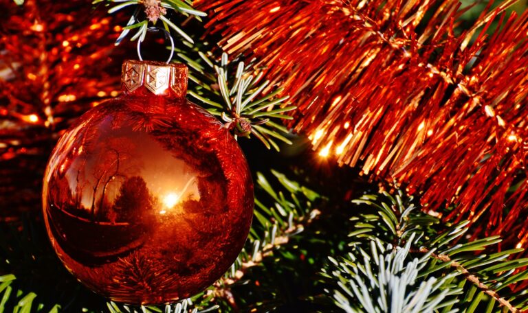 Julgran med stor röd julkula som speglar ett landskap